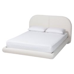 Baxton Studio Cachet Floating Platform Bed with Rounded Headboard - Low Profile Minimalist Boucle Upholstered Bed Frame, Cream, King